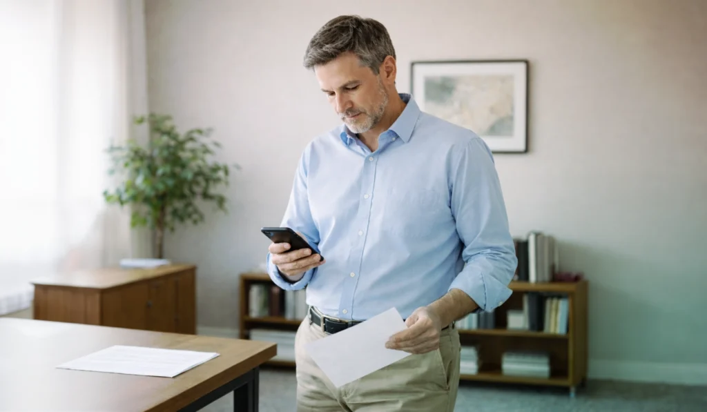 man in business attire in an office with table desk and bookshelf looking a phone
