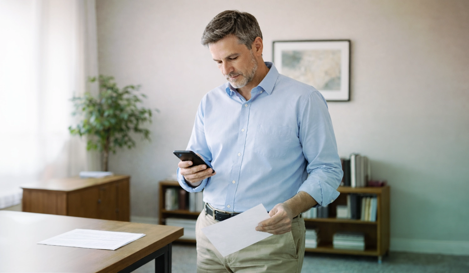 man in business attire in an office with table desk and bookshelf looking a phone