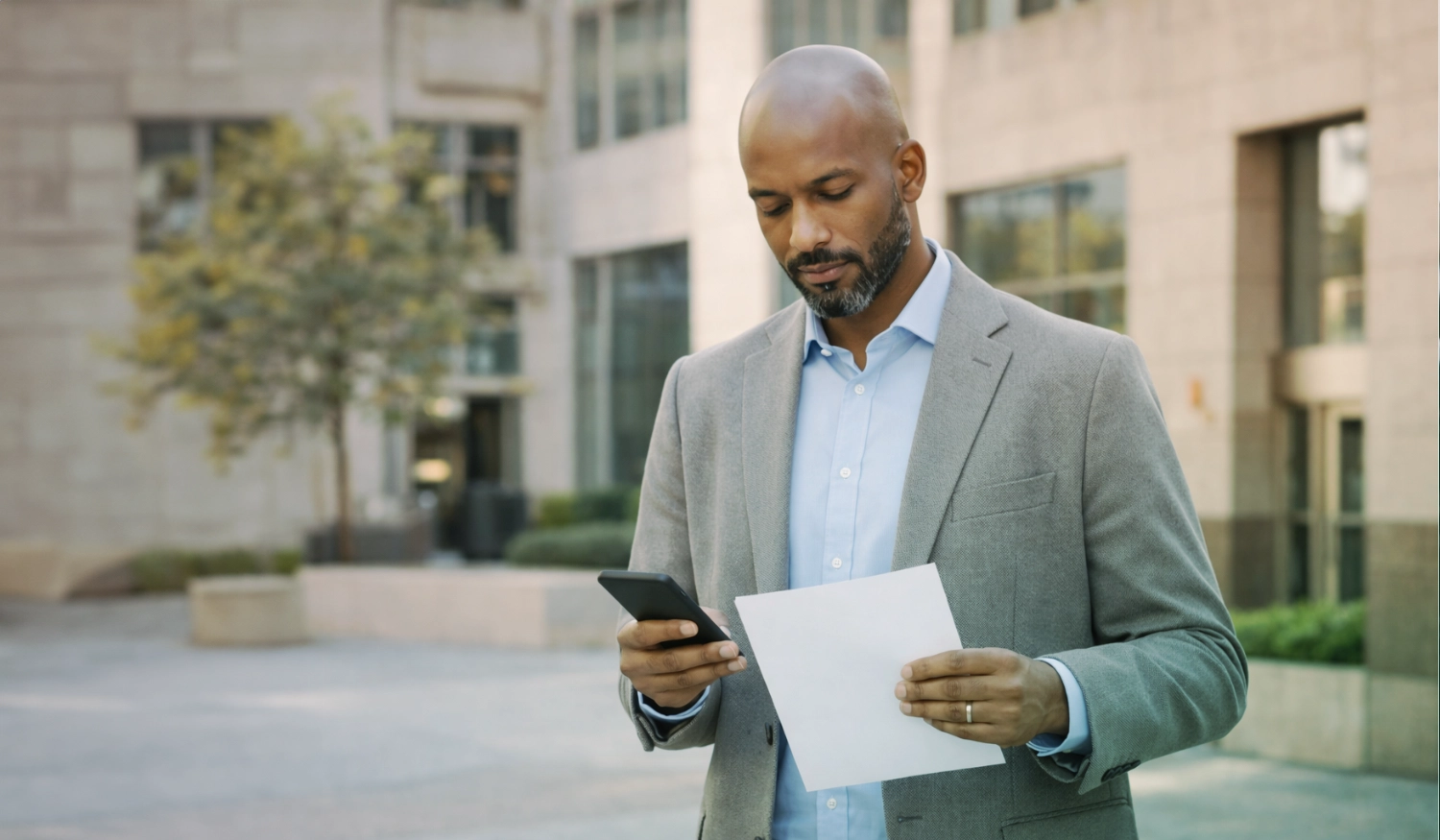 black man standing outside a building in suit jacket and white button down with a sheet of paper in one and and looking at his phone in another hand