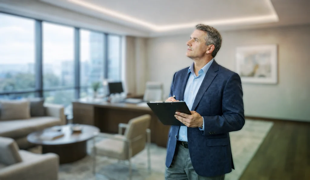 man in an office standing in professional attire with clipboard in hand looking off in the distance