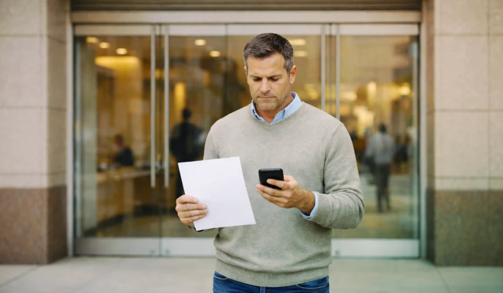 man with professional attire looking at a sheet of paper and his phone outside of a building with glass doors