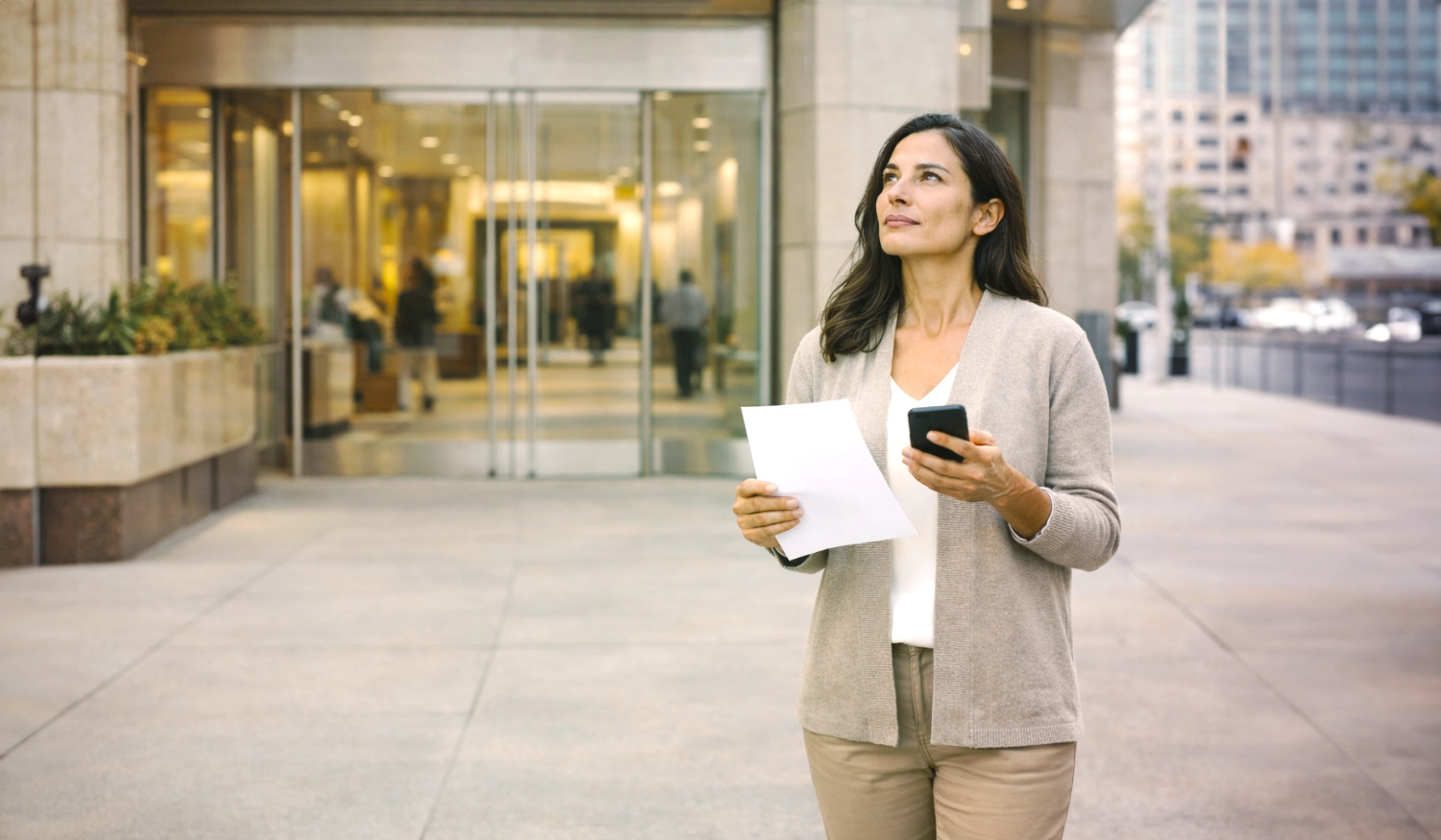 woman standing outside in a city holding paper in one hand and her phone in the other hand