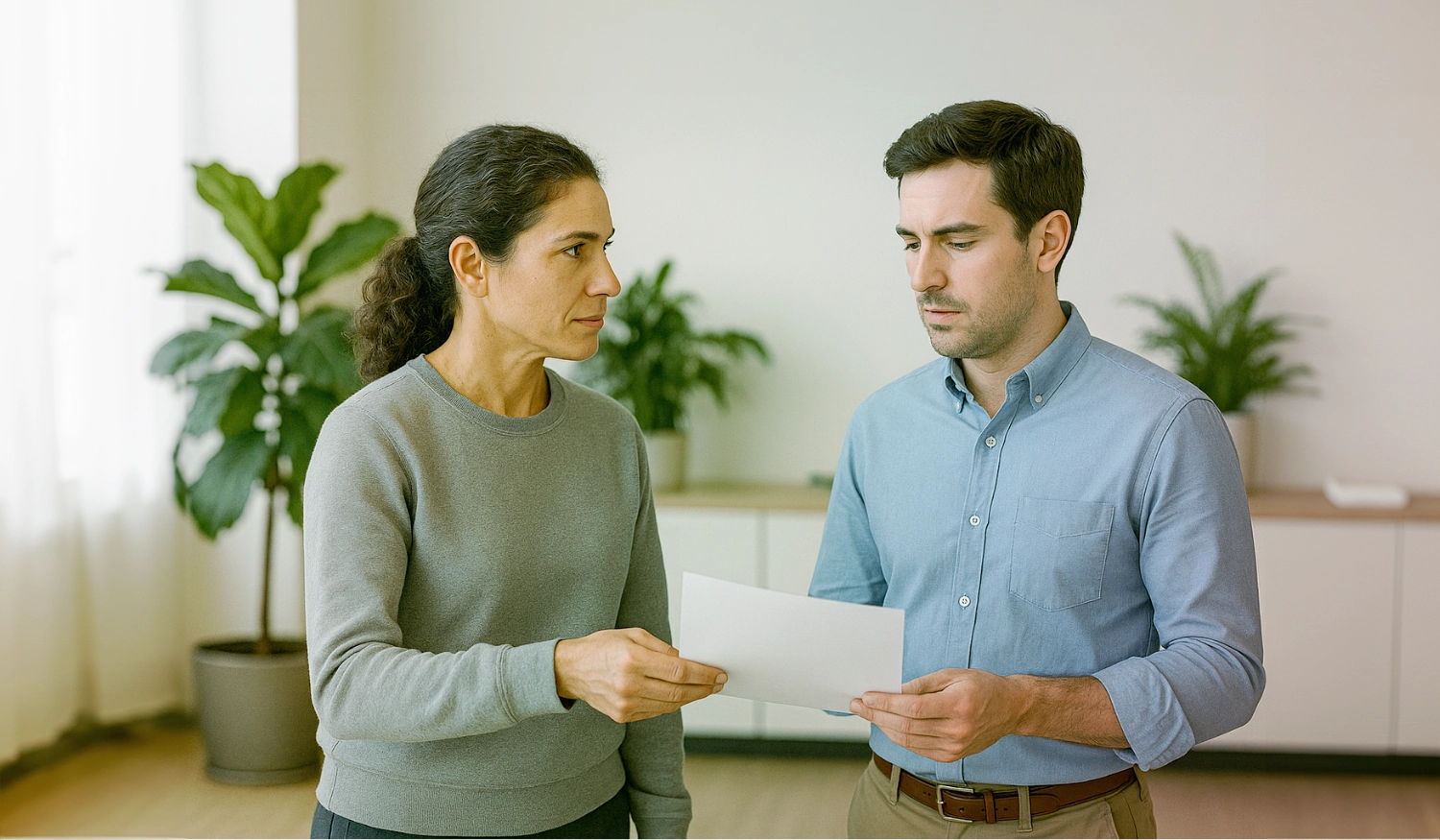 a man and a woman in a room with some plants and a desk both holding the same sheet of paper