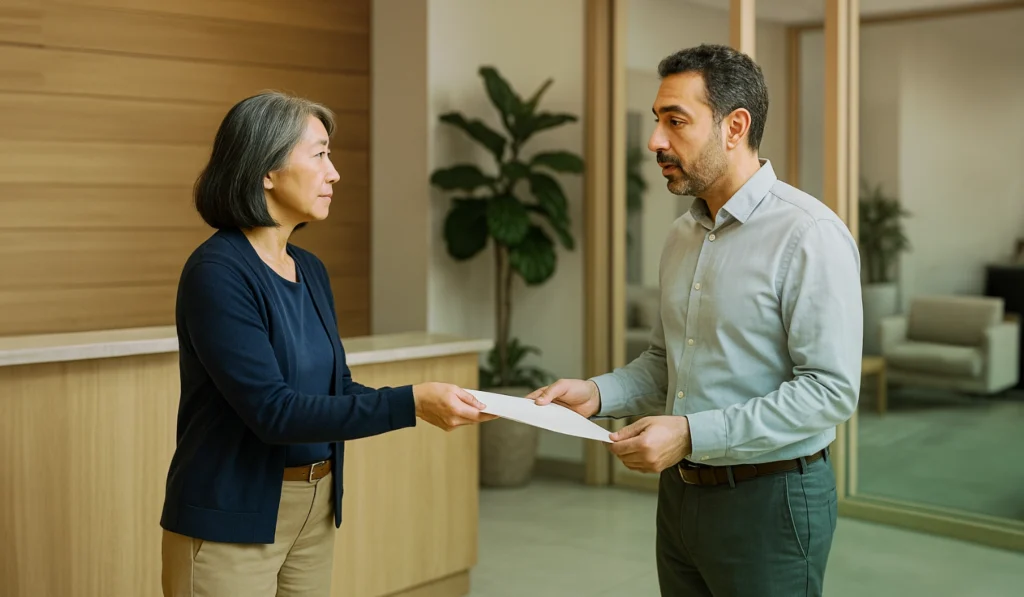 man and woman in professional attire exchanging a piece of paper in an office lobby